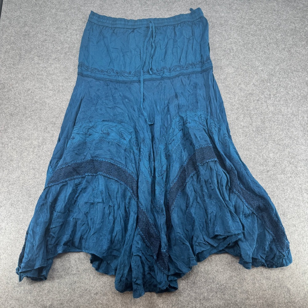 KIRAT Teal Blue Boho Maxi Skirt Embroidered Crochet Lace Handkerchief Hem OS